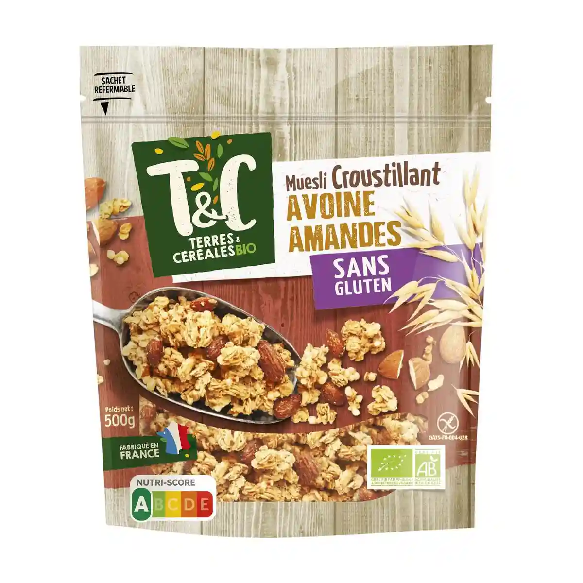 T&C Muesli croustillant avoine amandes sans gluten bio 