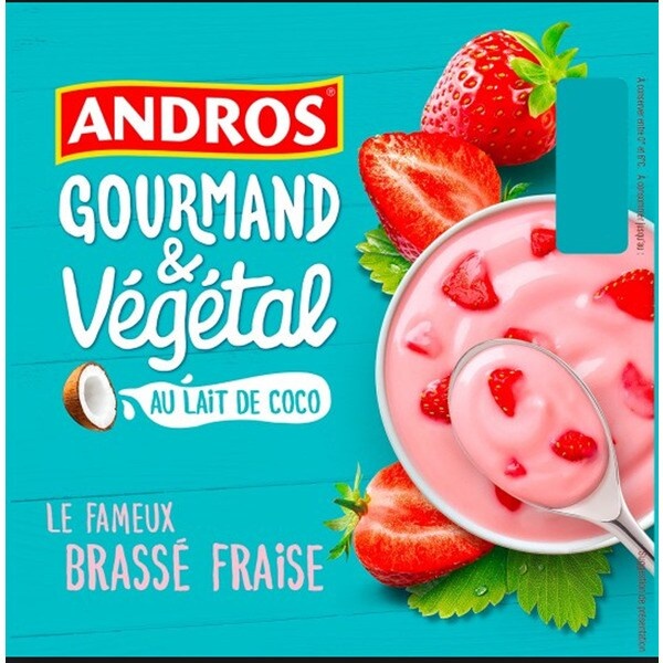 Andros vegetable yoghurt with coconut milk and strawberry flavouring