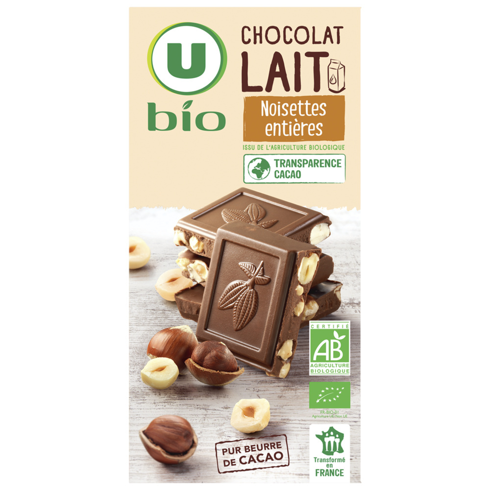 Chocolat au lait et noisettes entières U Bio