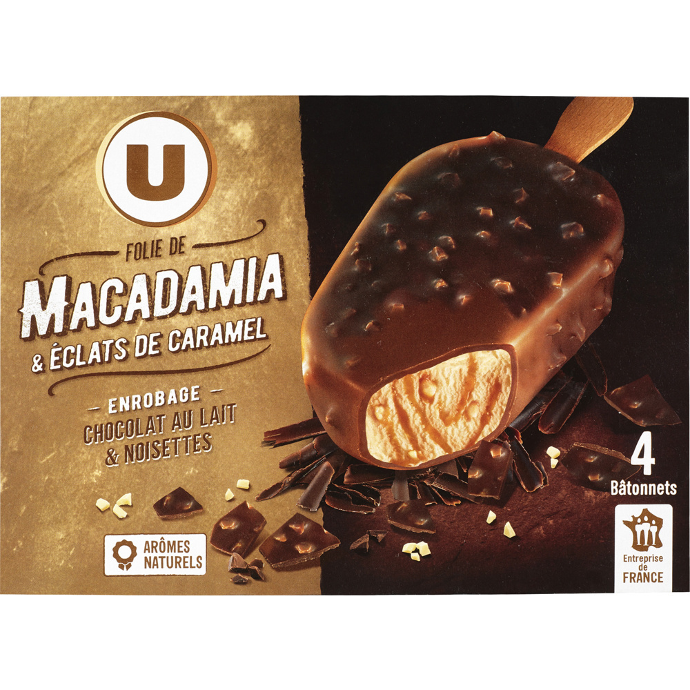 Macadamia nut and caramel chip ice cream bars, coated in milk chocolate and hazelnuts U