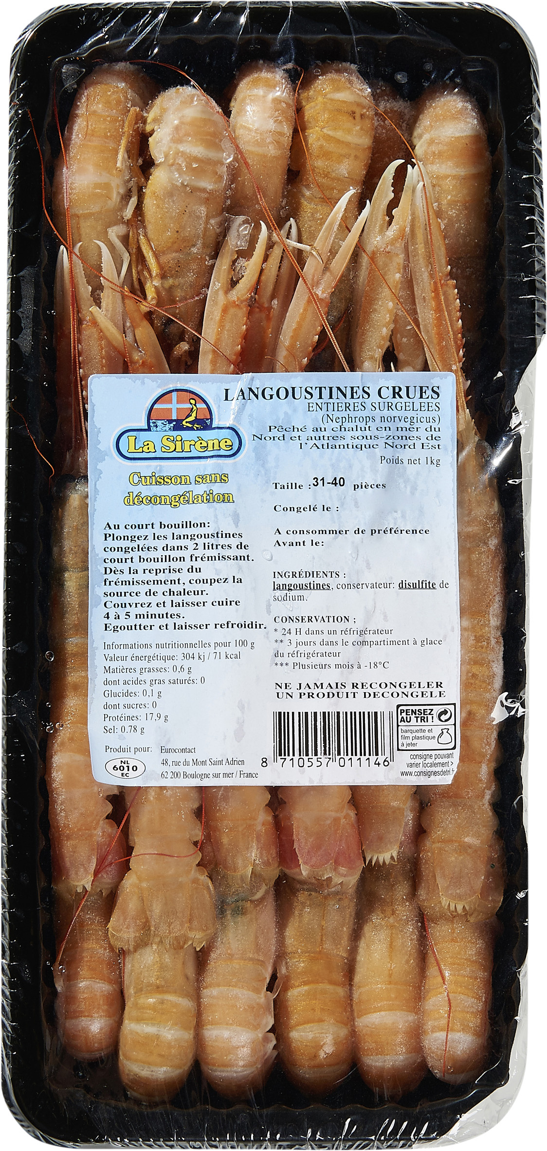 Frozen whole raw langoustine