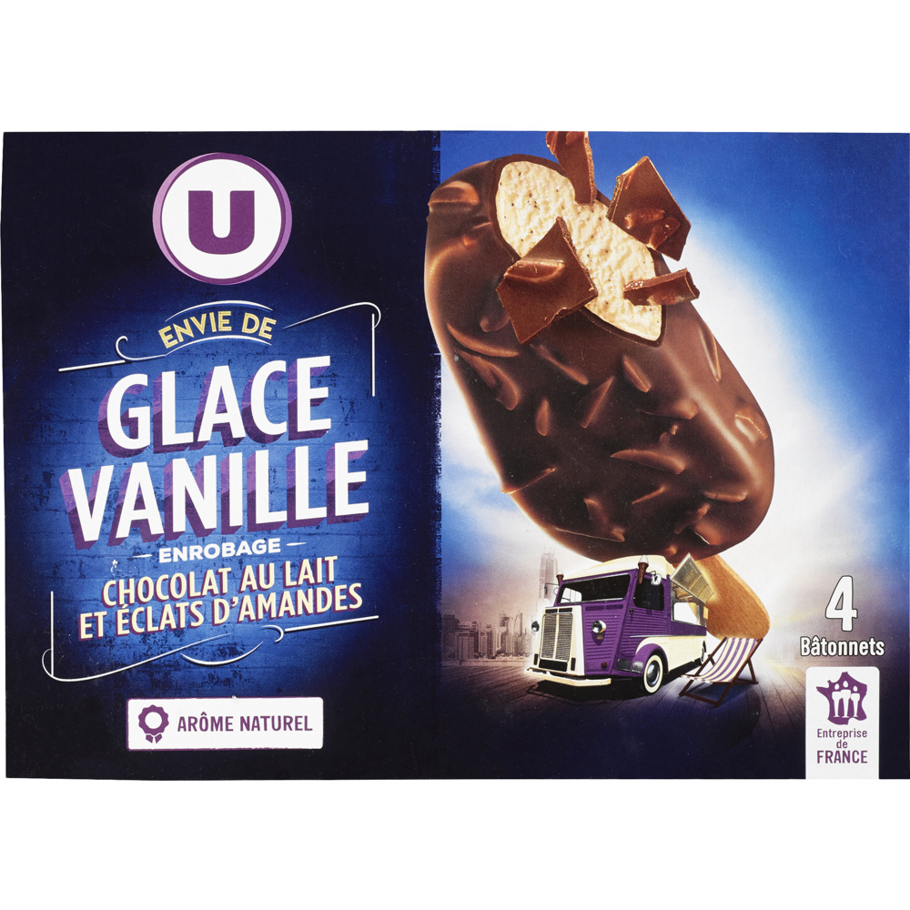 Vanilla ice cream sticks with milk chocolate coating and almond slivers U