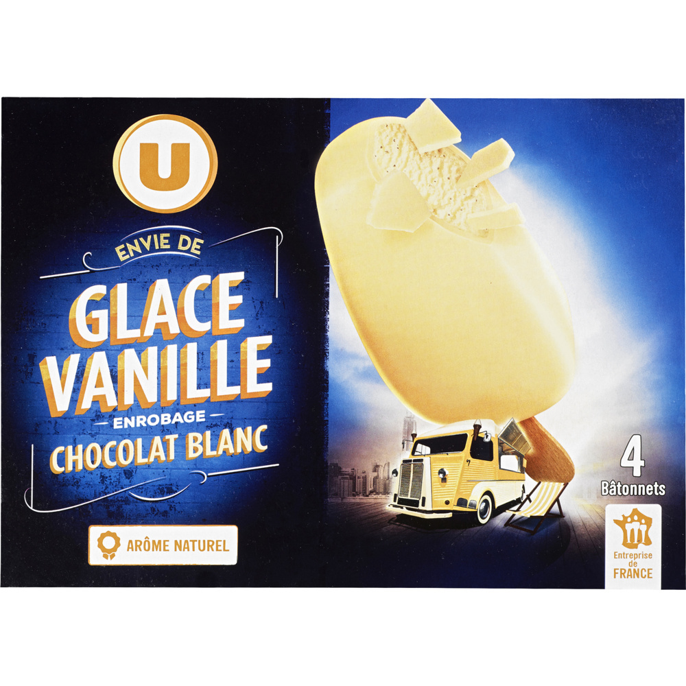 Frozen vanilla and white chocolate ice cream sticks U